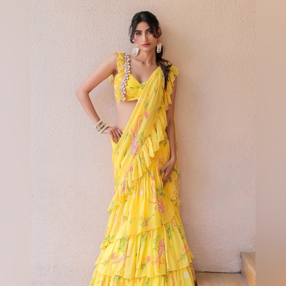 Ruffle Pre-Draped Saree With Embroidered Blouse